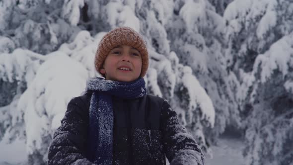 Boy in snowy weather looking around.