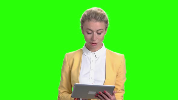 Business Woman with Pc Tablet on Chroma Key Background.