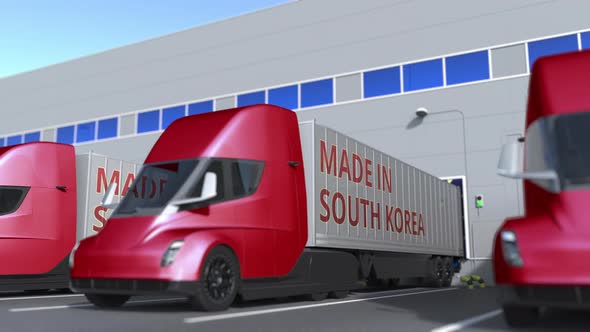 Modern Semitrailer Trucks with MADE IN SOUTH KOREA Text