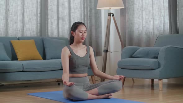 Asian Athletic Female Meditating During Workout On Yoga Mat At Home. Healthy Lifestyle, Fitness