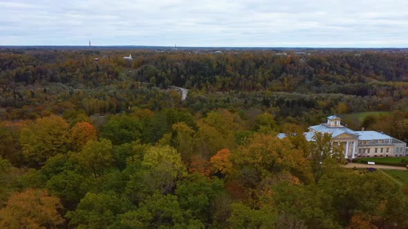 Aerial View of the Krimulda Palace in Gauja National Park Near Sigulda and Turaida, Latvia. Old Mano