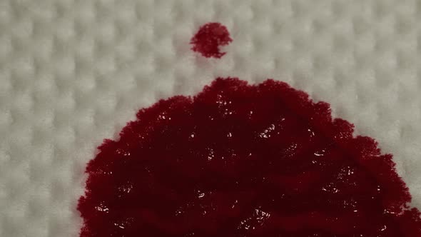 Red Blood Is Absorbed Into the Paper White Napkin Paper, Macro Shot
