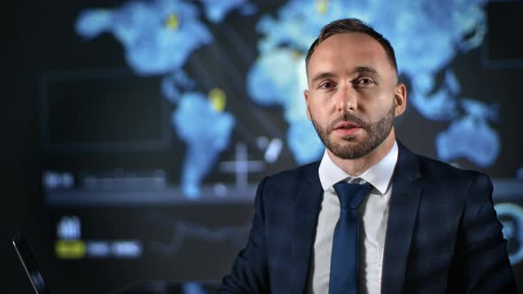 Portrait Bearded Business Man Talking Leading Breaking News at Studio Futuristic Global Map Screen