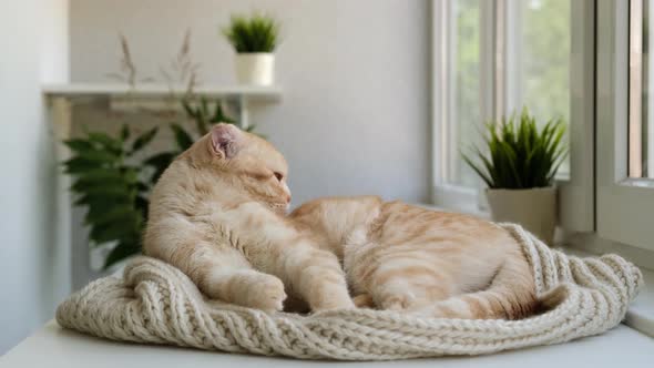 Cute Red Cat Breed Scottish Fold on a Cozy Beige Chunky Knit Scarf