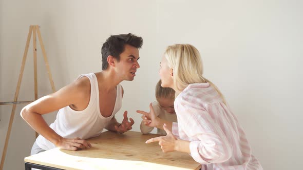 Angry Male Show Aggression Home Punishing Humiliating Wife Child Girl