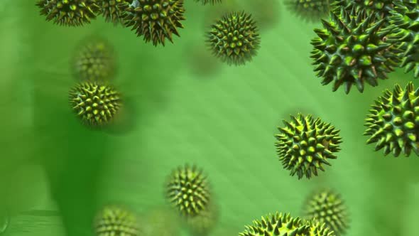 Animation of green corona virus with people in background