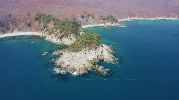 Rocky Island Washed By Waves Covered with Coniferous Trees in a Sea Bay