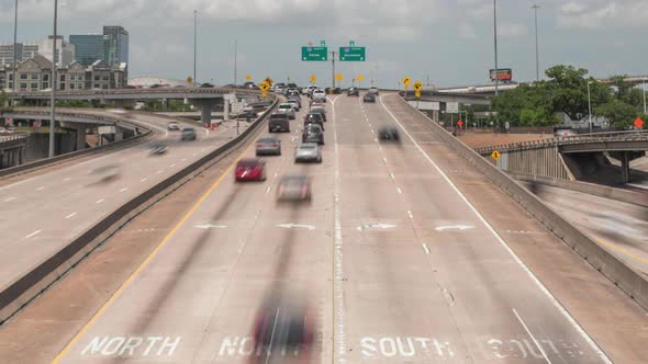 High angle view of traffic on freeway in Houston, Texas. This video was filmed in 4k for best image