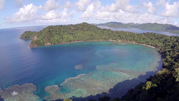 Aerial drone view of a scenic tropical island in Fiji