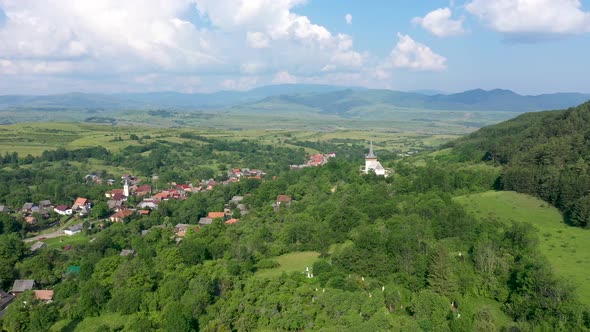 Flying Over Countryside Small Village. Valeni, Transylvania, Romania