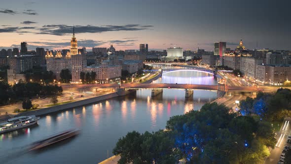 Transition from day to night with a view of the center of Moscow