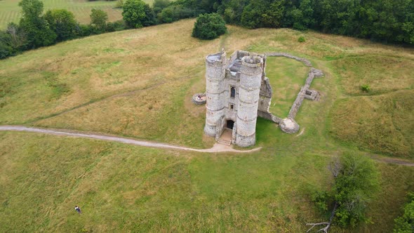 Famous Donnington Castle in Berkshire county, UK. Aerial top-down circling