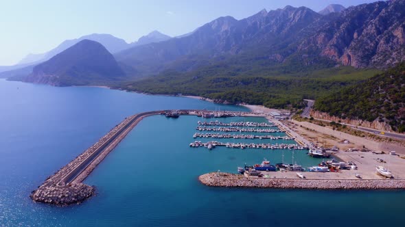 Aerial View of Coastline Port with Yacts and Boats