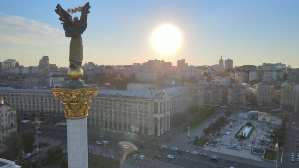 Monument in the Center of Kyiv, Ukraine. Maidan. Aerial View