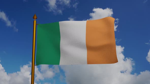 National flag of Ireland waving with flagpole and blue sky timelapse