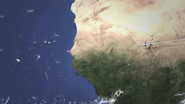 Airplane Flying to Dakar Senegal on the Map