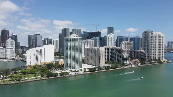 Aerial View Miami Florida Upscale Waterfront Buildings Boats in Water