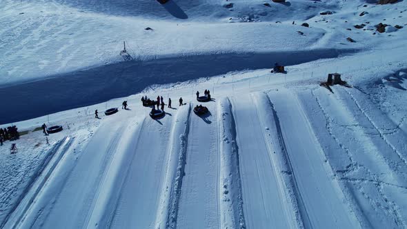 Panoramic view of Ski station centre resort at snowy Andes Mountains.