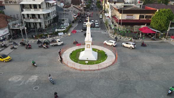 Aerial view of Tugu Yogyakarta Landmark with busy traffic.