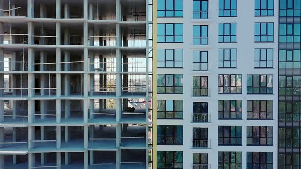 Aerial view of high residential apartment building under construction