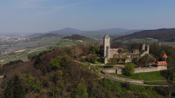 Beautiful flight in Germany over the Starkenberg fortress in the city of Heppenheim.