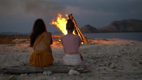 Shooting From Behind of Two Girlfriends Spend Time Together By the Fire Talking and Admiring the