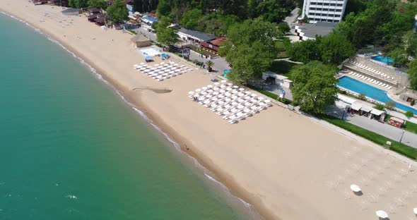 4k aerial video of the beach and hotels in Golden Sands, Zlatni Piasaci.