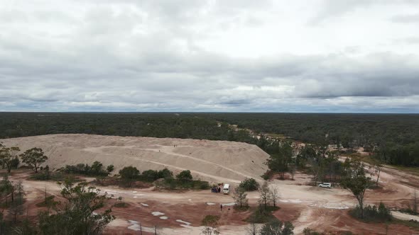 High aerial view showing large hills of soil made from the leftover burden from opal fossicking at L