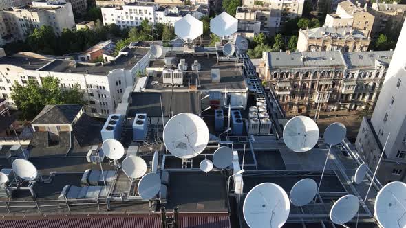 TV Antennas on the Roof of the Building. Aerial. Kyiv, Ukraine