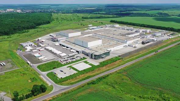 Industrial plant aerial footage. Aerial view of modern manufacturing architecture