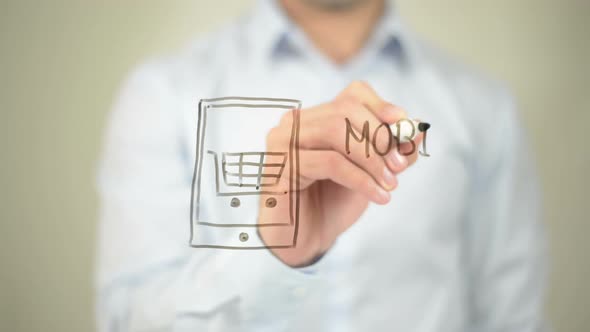 Mobile Shop, Businessman Writing on Transparent Screen