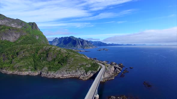 Brifge on scenic road on Lofoten islands, Norway