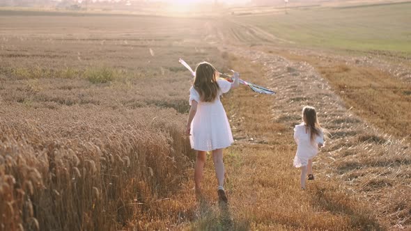 Happy Family Mother And Child Run In Field With A Kite In Summer