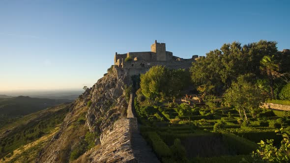 Time-lapse of Castle of Marvão at sunset with yellow light.