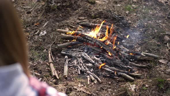 Shooting Over Shoulder of Young Woman Throwing Firewood in Burning Bonfire in Forest