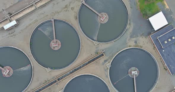 Primary Sedimentation Stage Sewage Flowing Through Large Circular Tanks