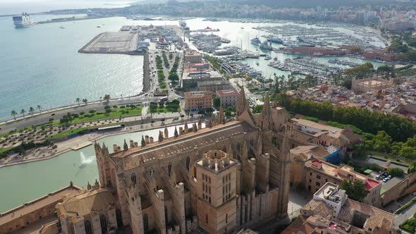 Aerial Drone Video Footage Famous Cathedral La Seu in Palma De Mallorca Spain