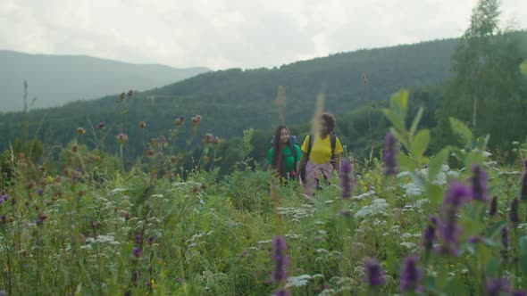 Lovely Multiethnic Female Hikers with Backpacks Trekking in Mountain at Sunset