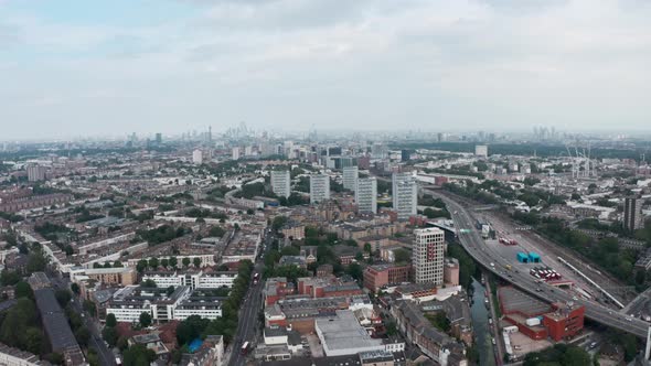 Descending drone shot looking towards City centre from West London west way ring road