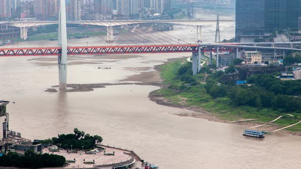 Chongqing City River Cityscape with Bridges Aerial China Timelapse Pan Up