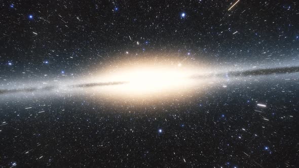 Spaceship Flies at the Speed of Light Through a Galaxy in Space