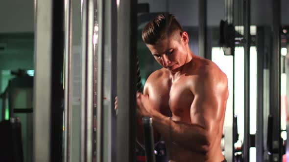 Attractive man exercising triceps at gym