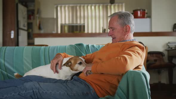 Senior man playing with his dog at home