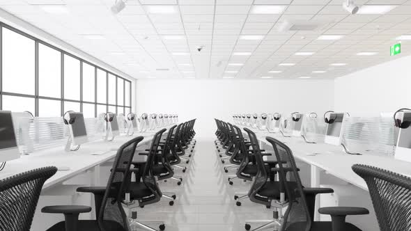 Side View Of A Call Center With White Color Desks, Office Chairs