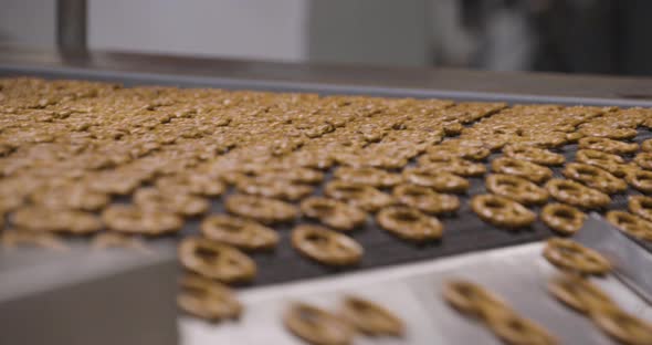 Snacks production Closeup conveyor, baked pretzel snacks