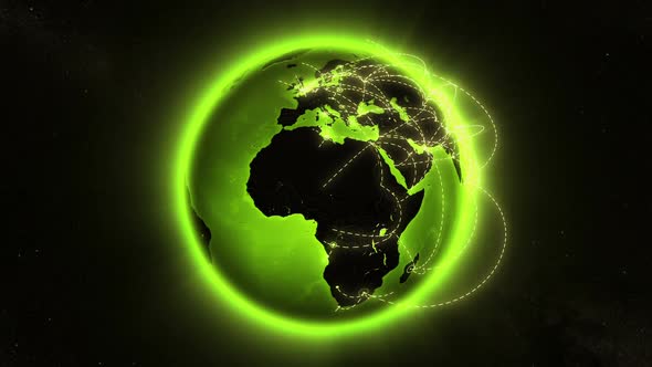 World connections with city lights. Green and Black. Spinning Earth with light lines.