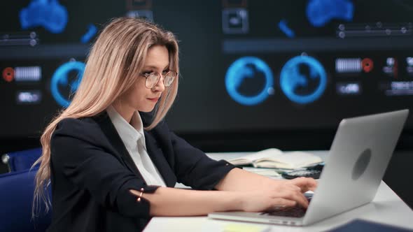 Female Boss Working Laptop Digital Information at Hi Tech Stock Exchange