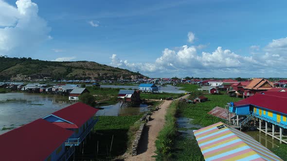 Floating agricultural and fishing village near Siem Reap in Cambodia aerial view