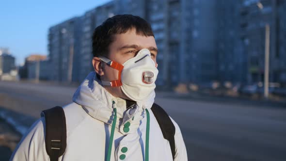 Coronavirus Mers. Man Walk Empty City Street Quarantine. Lockdown Masked People.