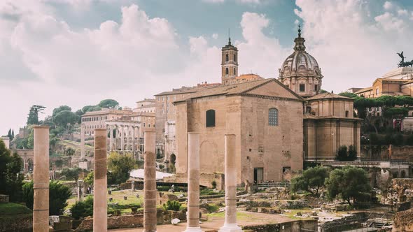 Rome, Italy. Temple Of Peace And Basilica Aemilia In The Roman Forum. Santi Luca E Martina Church